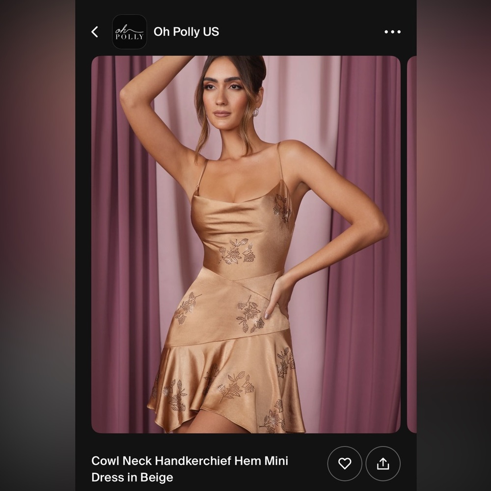 Oh Polly Dress Cowl Neck Handkerchief Hem Mini
Dress in Beige